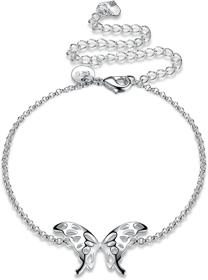 Fashion Jewelry 925 Sterling Silver Butterfly Wings Adjustable Chain Anklet for Women