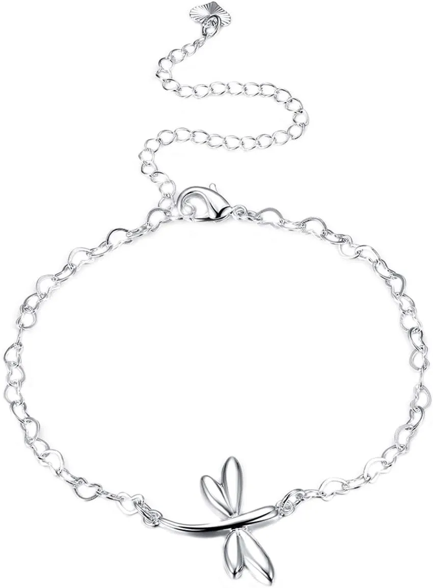 Fashion Jewelry 925 Sterling Silver Cute Dragonfly Heart Chain Anklet