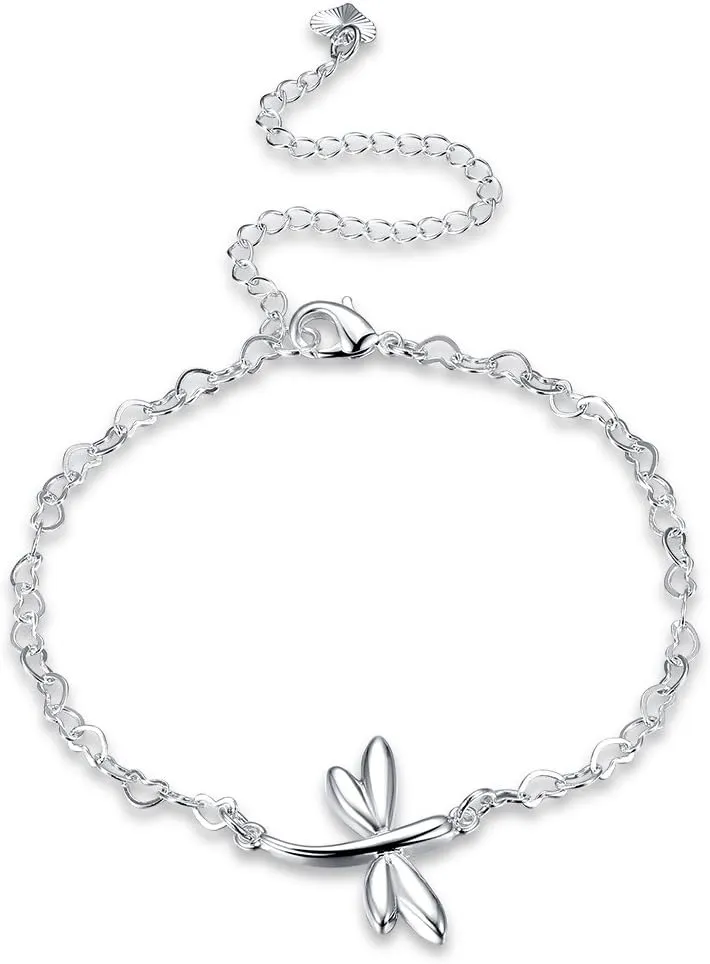 Fashion Jewelry 925 Sterling Silver Cute Dragonfly Heart Chain Anklet