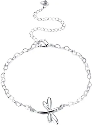 Fashion Jewelry 925 Sterling Silver Cute Dragonfly Heart Chain Anklet