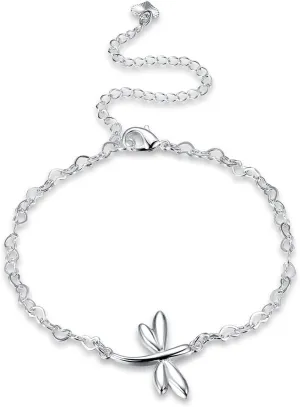 Fashion Jewelry 925 Sterling Silver Cute Dragonfly Heart Chain Anklet