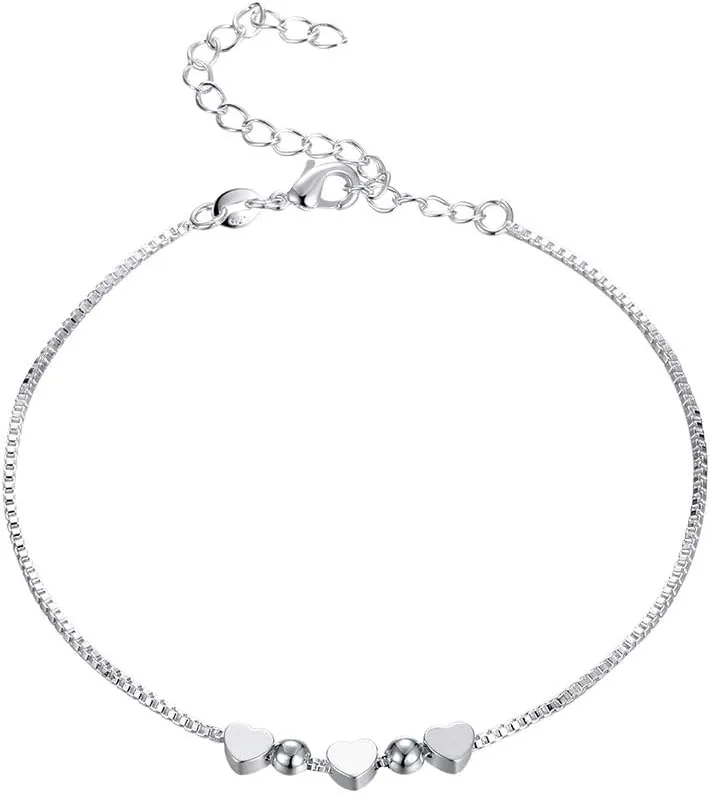 Fashion Jewelry 925 Sterling Silver Cute Love Heart Adjustable Box Chain Bracelet/Anklet