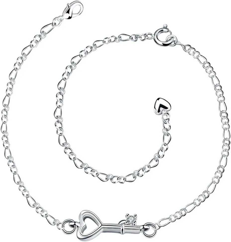 Fashion Jewelry 925 Sterling Silver Cute Love Key Zircon Pendant Adjustable Chain Anklet