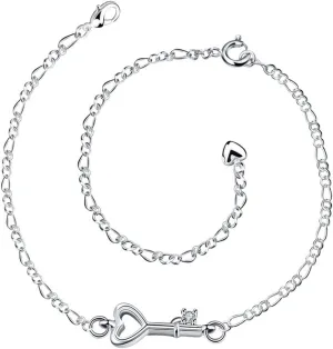 Fashion Jewelry 925 Sterling Silver Cute Love Key Zircon Pendant Adjustable Chain Anklet