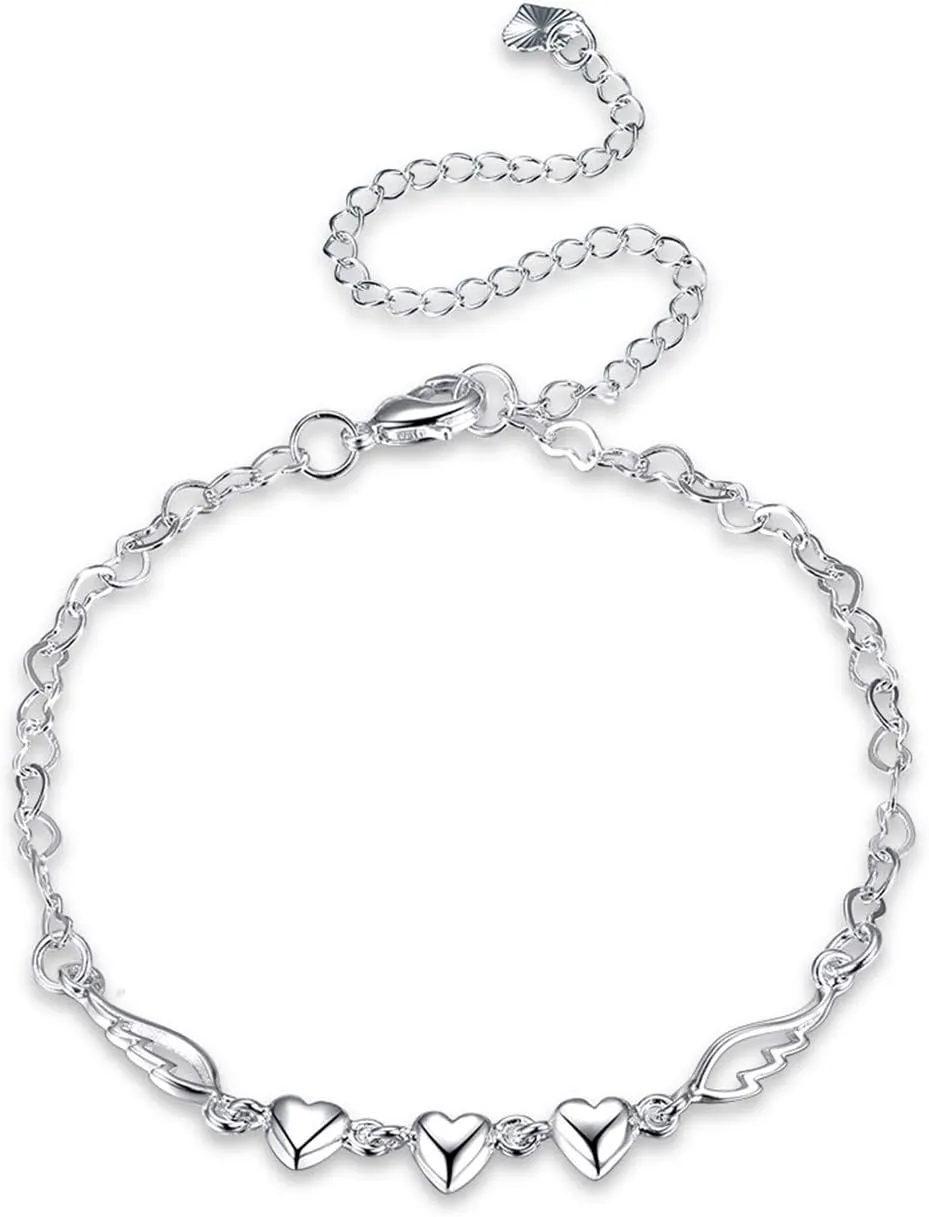 Fashion Jewelry 925 Sterling Silver Love Heart Angel Wings Chain Anklet