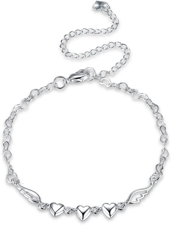 Fashion Jewelry 925 Sterling Silver Love Heart Angel Wings Chain Anklet