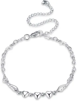 Fashion Jewelry 925 Sterling Silver Love Heart Angel Wings Chain Anklet