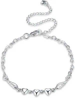 Fashion Jewelry 925 Sterling Silver Love Heart Angel Wings Chain Anklet