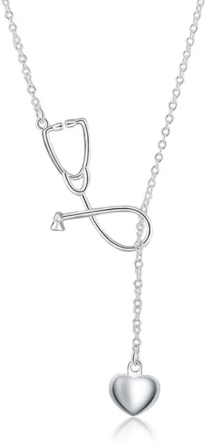 Fashion Jewelry 925 Sterling Silver Stethoscope Lariat Necklace,Heart and Stethoscope Pendant Doctor Nurse Jewelry Gift