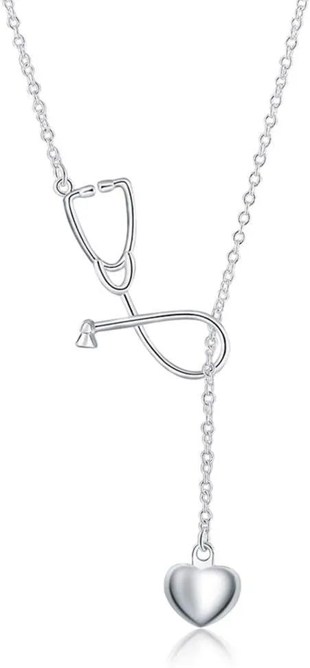 Fashion Jewelry 925 Sterling Silver Stethoscope Lariat Necklace,Heart and Stethoscope Pendant Doctor Nurse Jewelry Gift