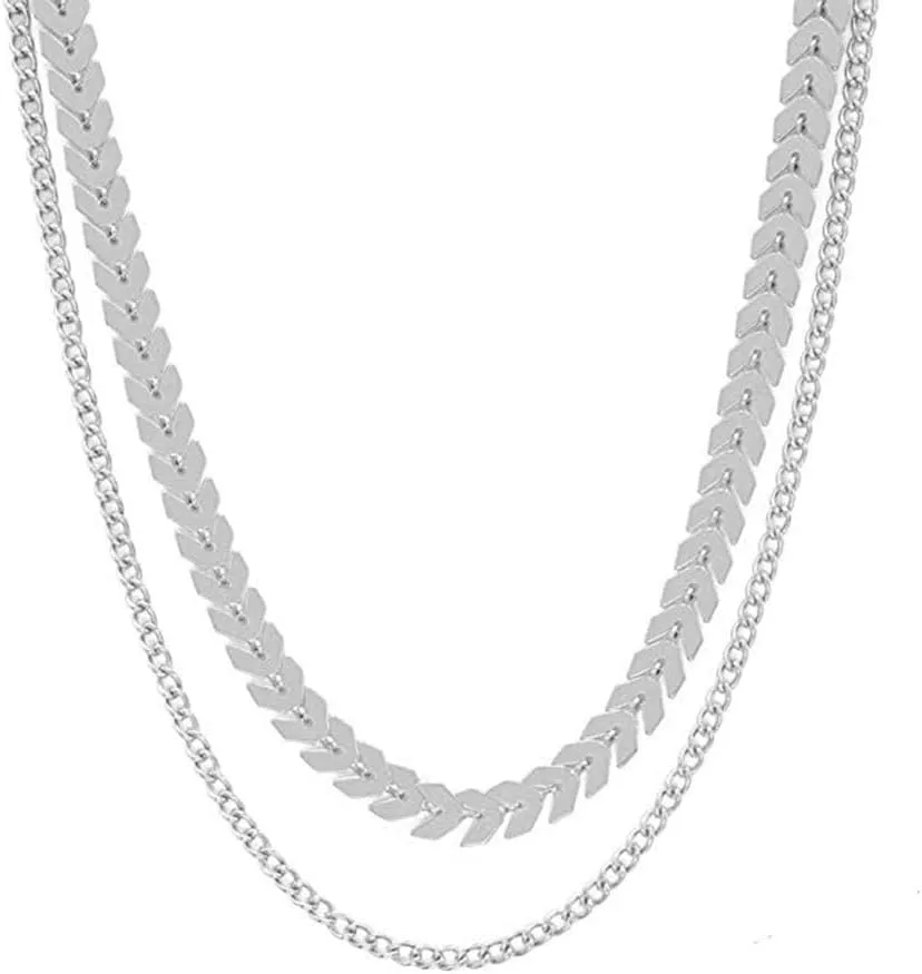 Fashion Jewelry Fishbone Airplane Leaf Two Layered Necklaces Chevron Chain Choker Necklace Flat Chain (Silver)