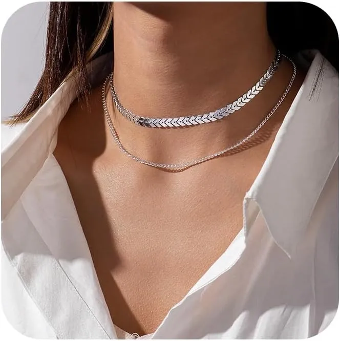 Fashion Jewelry Fishbone Airplane Leaf Two Layered Necklaces Chevron Chain Choker Necklace Flat Chain (Silver)