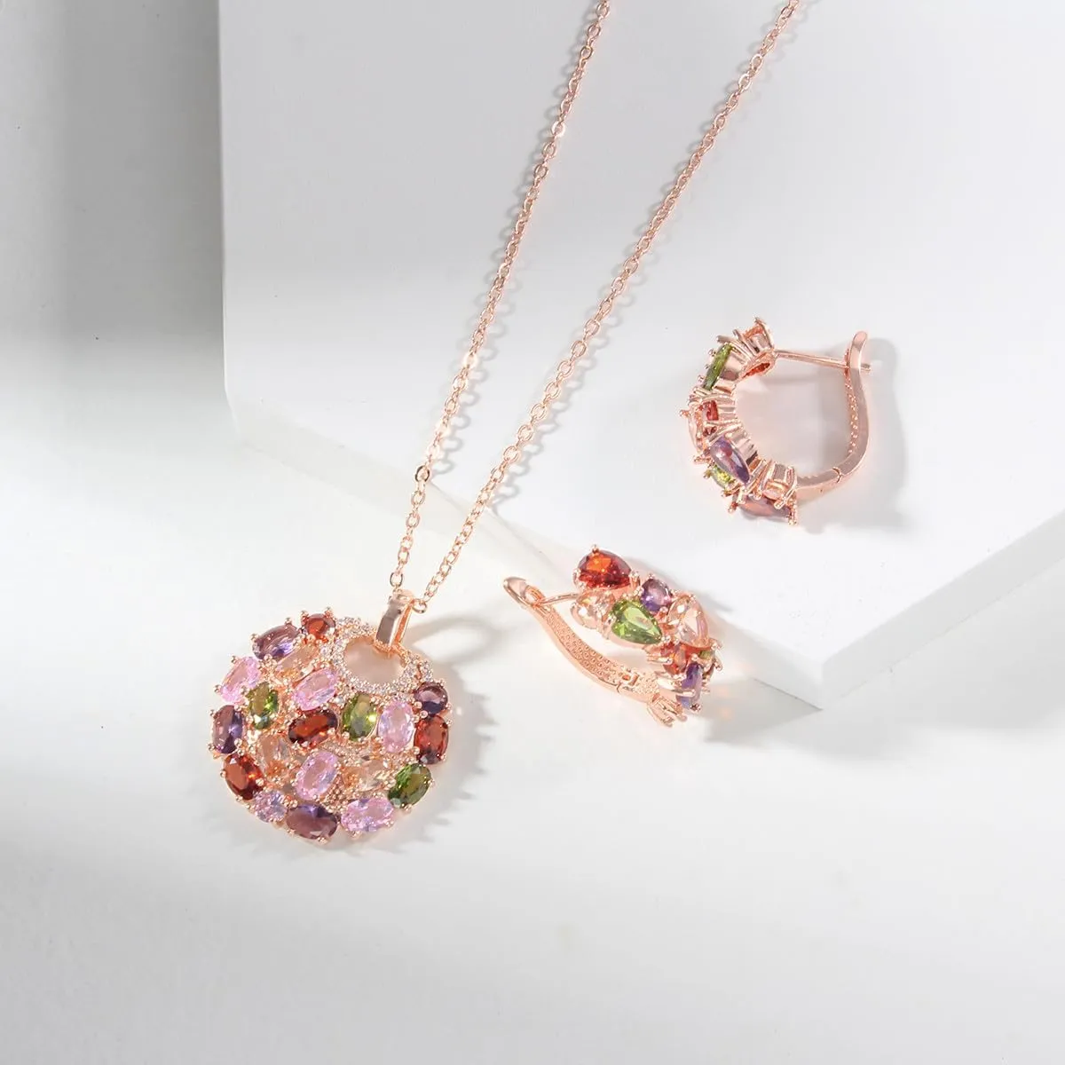 Fashion Jewelry Set for Women Cats Eye Teardrop and Created Crystal, Cubic Zirconia Pendant Necklace and Earrings Ring Set