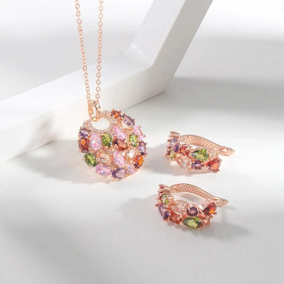 Fashion Jewelry Set for Women Cats Eye Teardrop and Created Crystal, Cubic Zirconia Pendant Necklace and Earrings Ring Set