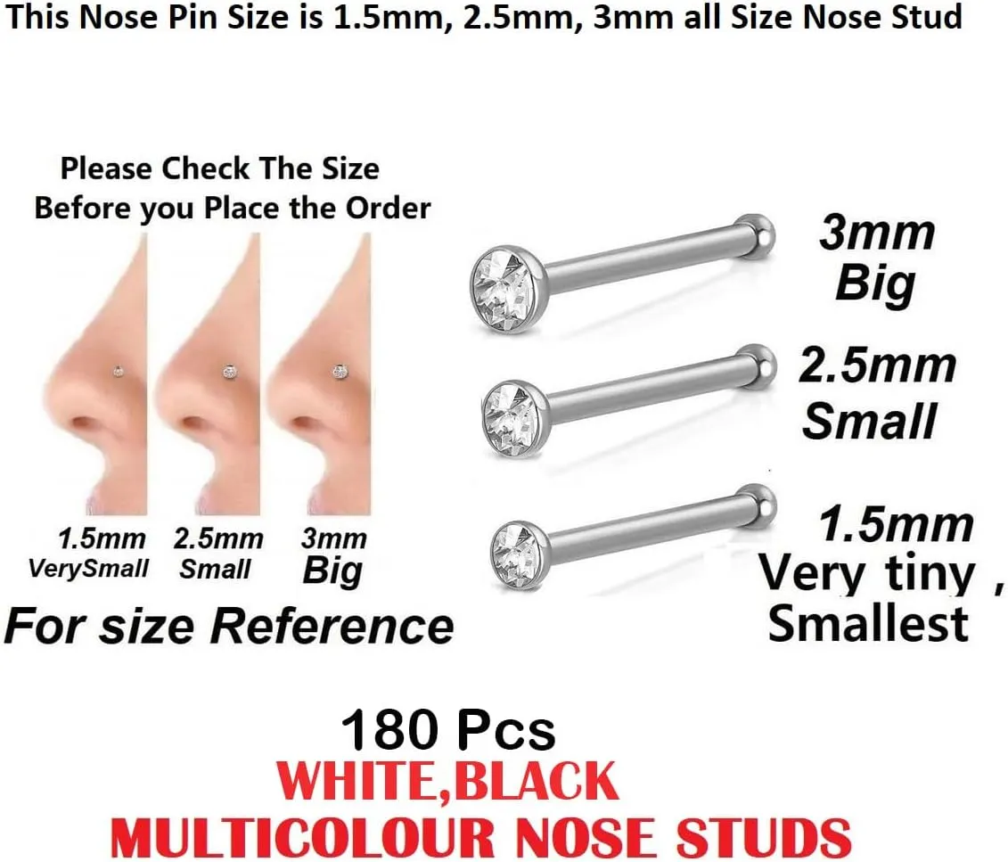 FASHIONS Multicolor Body Surgical Stainless Steel Hypoallergenic Nose Piercing Jewelry Hole Hoop Ring Sterling Nosepin Studs for Women (3 Box - 1.5/2.5 / 3mm)