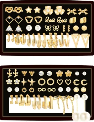 FAXHION 82 Pairs Gold Earrings for Women Trendy, Pearl Bow Small Hoop Stud Earrings Pack, Hypoallergenic Earring Set Multiple Piercing for Birthday Party Gift