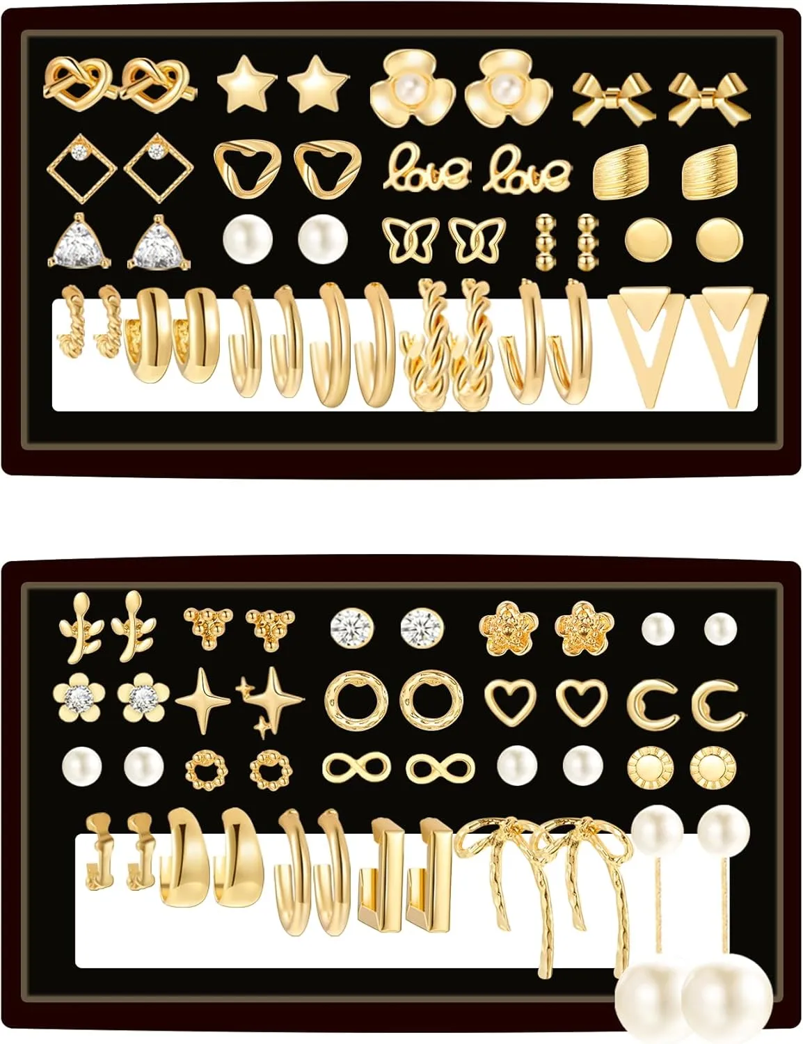 FAXHION 82 Pairs Gold Earrings for Women Trendy, Pearl Bow Small Hoop Stud Earrings Pack, Hypoallergenic Earring Set Multiple Piercing for Birthday Party Gift