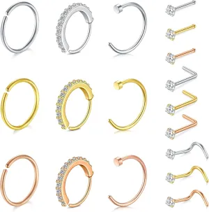 FECTAS 18pcs Surgical Steel Nose Ring Hoop 20G Nose Ring Nose Stud for Women Silver Gold rose gold 8mm 10mm