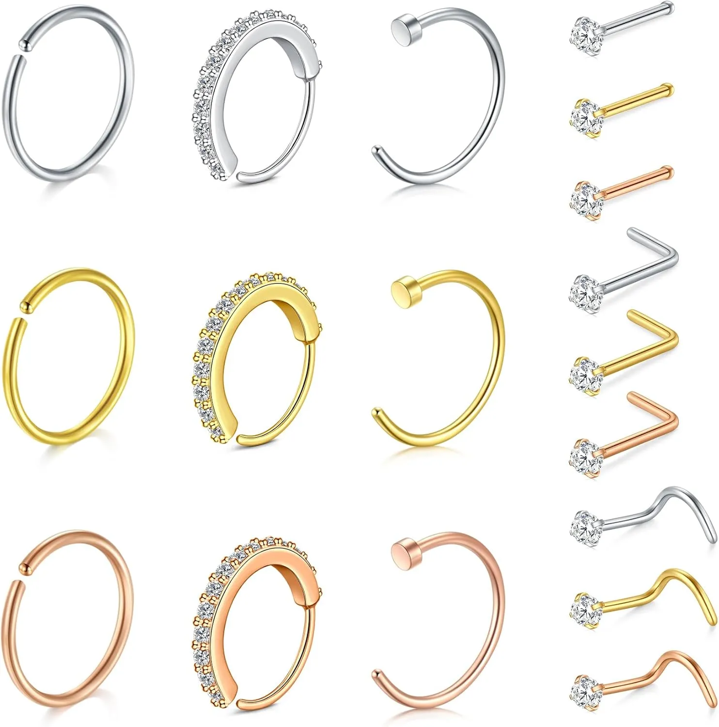 FECTAS 18pcs Surgical Steel Nose Ring Hoop 20G Nose Ring Nose Stud for Women Silver Gold rose gold 8mm 10mm