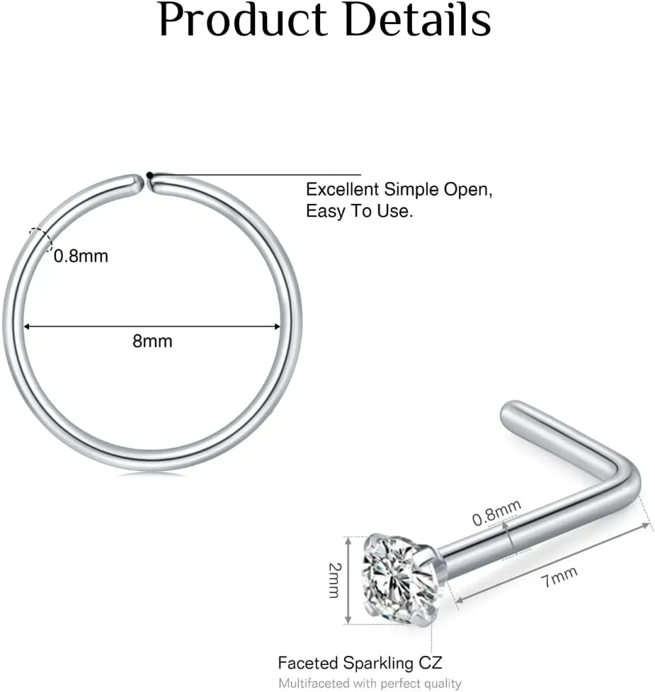 FECTAS 18pcs Surgical Steel Nose Ring Hoop 20G Nose Ring Nose Stud for Women Silver Gold rose gold 8mm 10mm