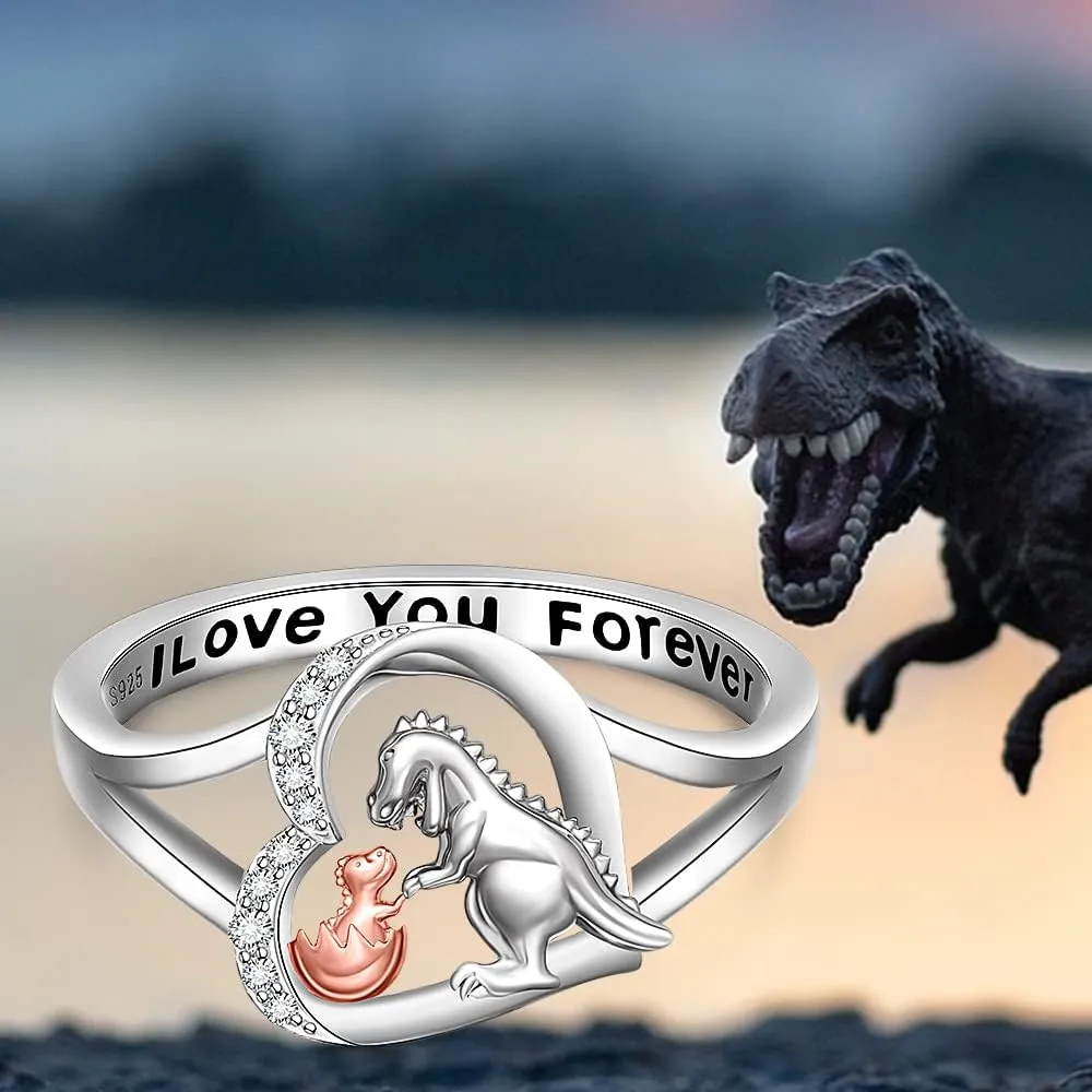 Fenthring Dinosaur Ring Heart Mothers Day Dino Rings for Women Friendship Sterling Silver I Love You Forever Animal Jewelry Band Gifts Size 6 7 8 9 10