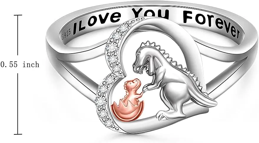 Fenthring Dinosaur Ring Heart Mothers Day Dino Rings for Women Friendship Sterling Silver I Love You Forever Animal Jewelry Band Gifts Size 6 7 8 9 10