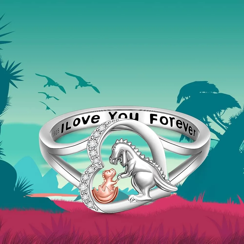 Fenthring Dinosaur Ring Heart Mothers Day Dino Rings for Women Friendship Sterling Silver I Love You Forever Animal Jewelry Band Gifts Size 6 7 8 9 10