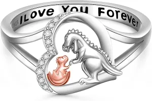 Fenthring Dinosaur Ring Heart Mothers Day Dino Rings for Women Friendship Sterling Silver I Love You Forever Animal Jewelry Band Gifts Size 6 7 8 9 10