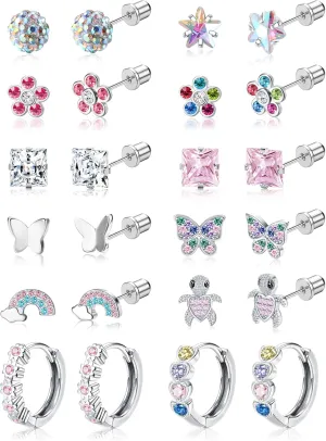 FIASASO Hypoallergenic Surgical Stainless Steel Earrings for Girls Kids Women - 12 Pair Screw Back Earrings for Sensitive Ears Cute Flower Butterfly Toddler Stud Hoop Earrings Screwback Girl Earrings