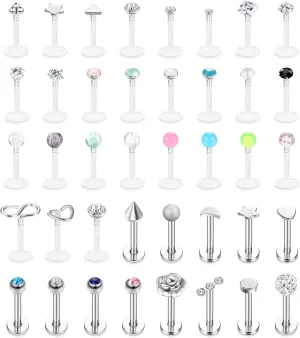 FIBO STEEL 16G Forward Helix Monroe Labret Lip Nose Studs for Men Women Stainless Steel&Clear Plastic Tragus Cartilage Stud Earrings Medusa Piercings Jewelry 40 Pieces