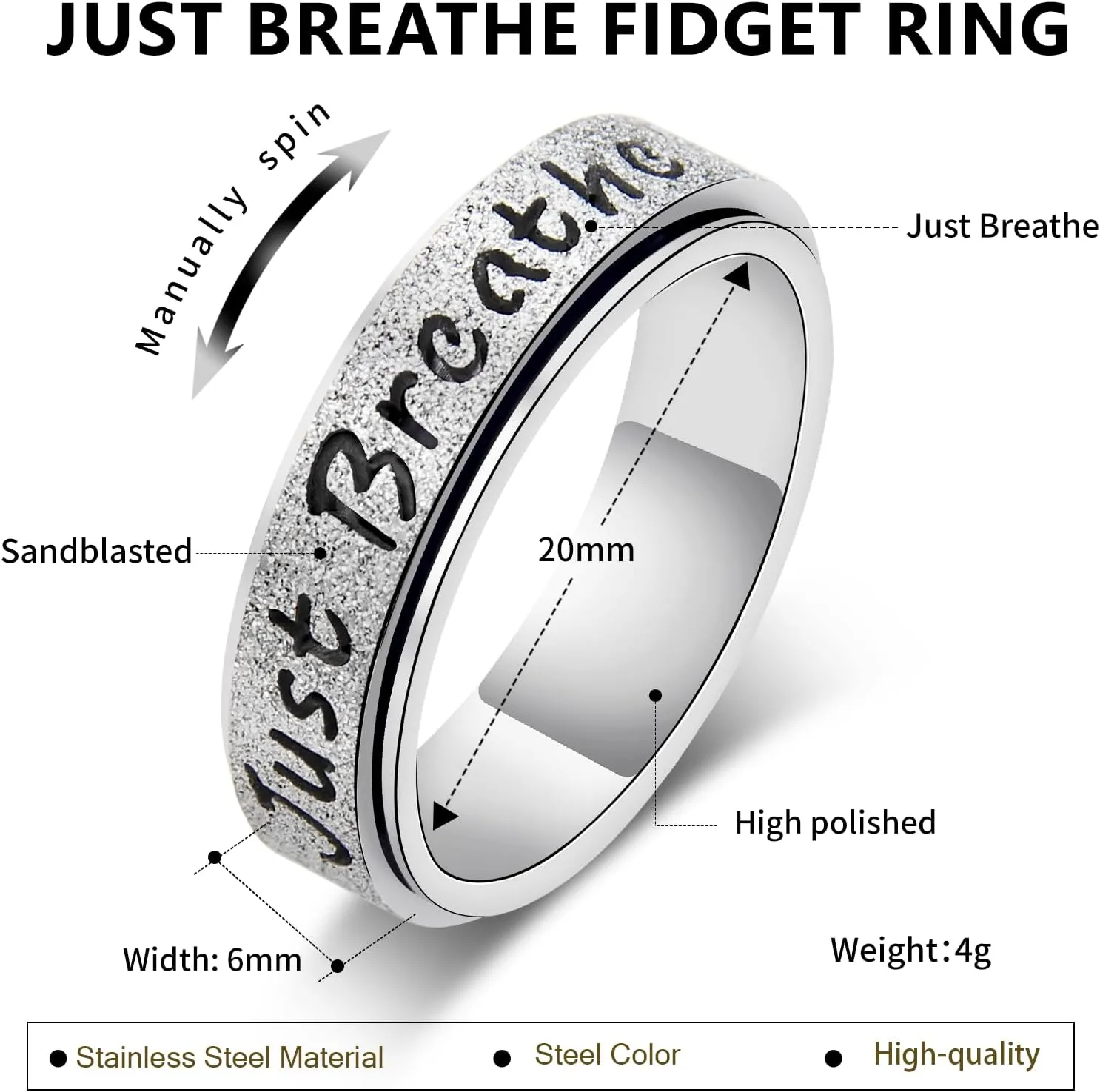 Fidget Spinner Ring for Women - Just Breathe Inspirational Hope Rings, Stainless Steel Anxiety Women's Ring for Stress Relief, Thumb Rotating Rings for Adults Jewelry Gift for Her