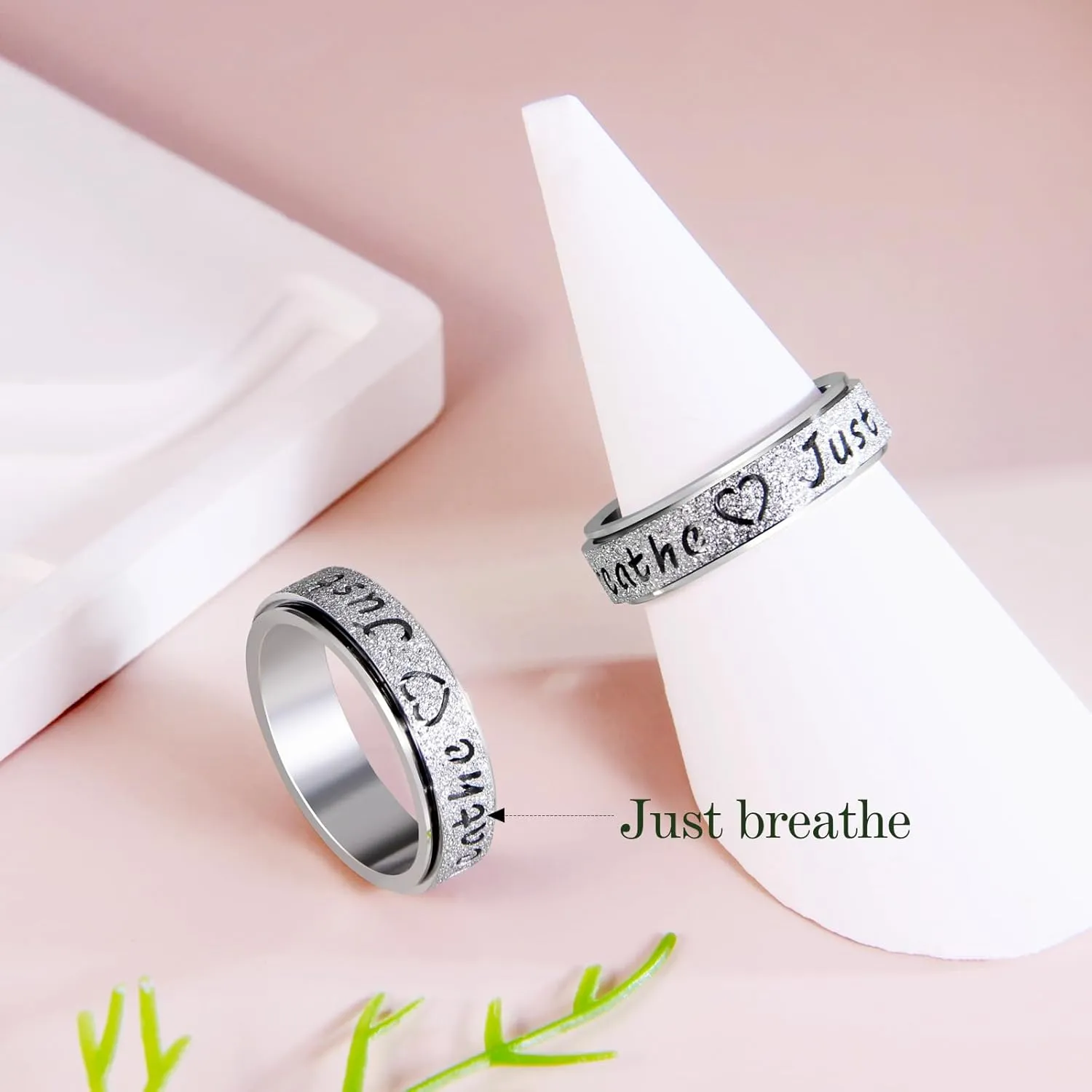 Fidget Spinner Ring for Women - Just Breathe Inspirational Hope Rings, Stainless Steel Anxiety Women's Ring for Stress Relief, Thumb Rotating Rings for Adults Jewelry Gift for Her