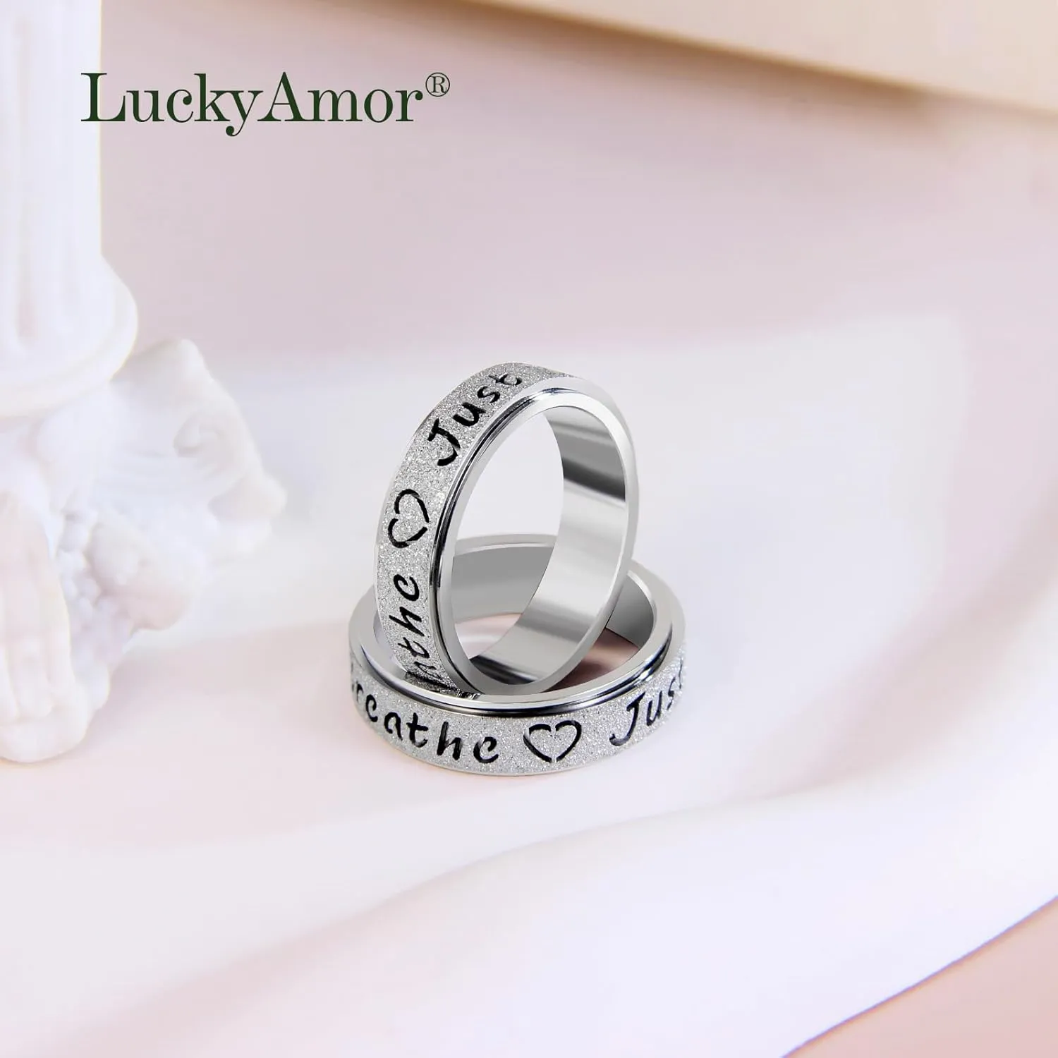 Fidget Spinner Ring for Women - Just Breathe Inspirational Hope Rings, Stainless Steel Anxiety Women's Ring for Stress Relief, Thumb Rotating Rings for Adults Jewelry Gift for Her