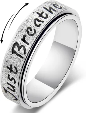 Fidget Spinner Ring for Women - Just Breathe Inspirational Hope Rings, Stainless Steel Anxiety Women's Ring for Stress Relief, Thumb Rotating Rings for Adults Jewelry Gift for Her