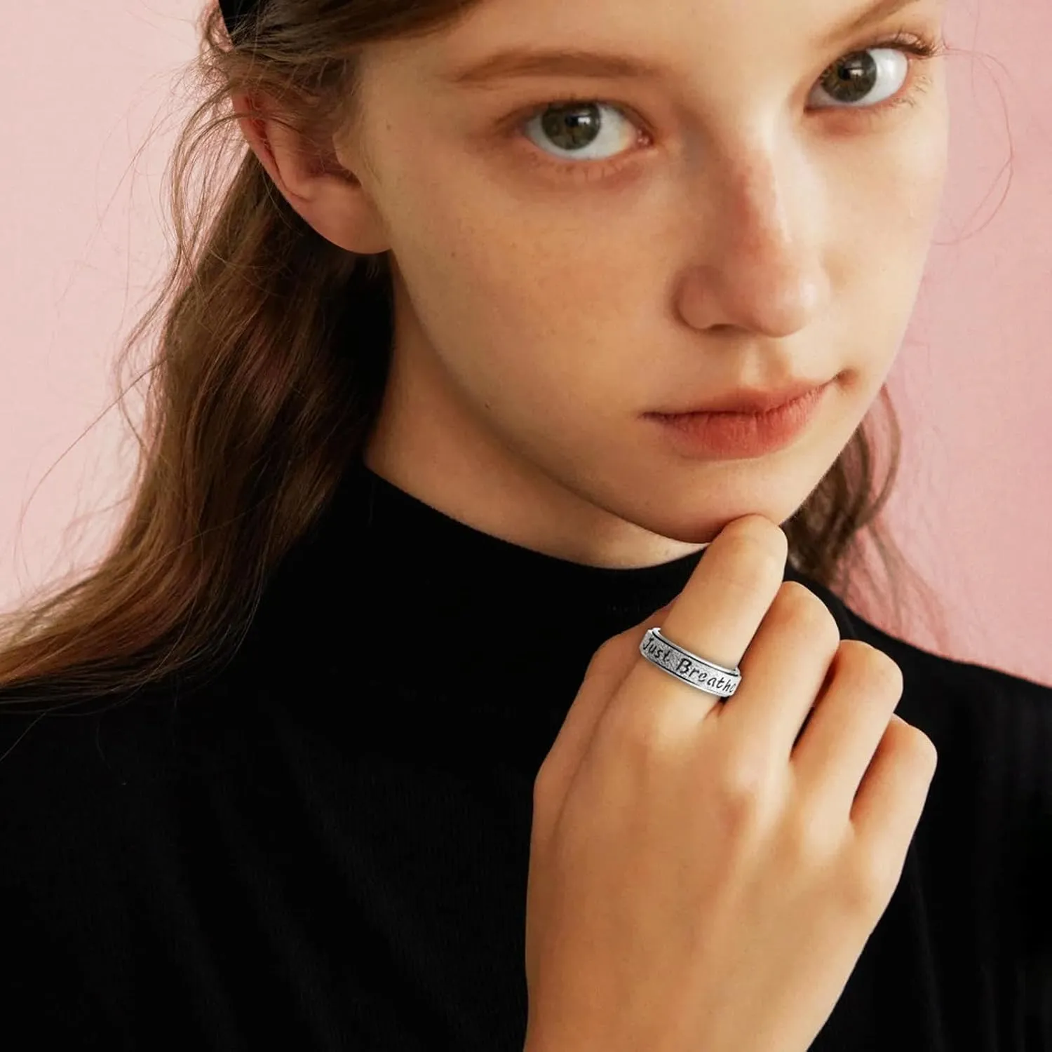 Fidget Spinner Ring for Women - Just Breathe Inspirational Hope Rings, Stainless Steel Anxiety Women's Ring for Stress Relief, Thumb Rotating Rings for Adults Jewelry Gift for Her
