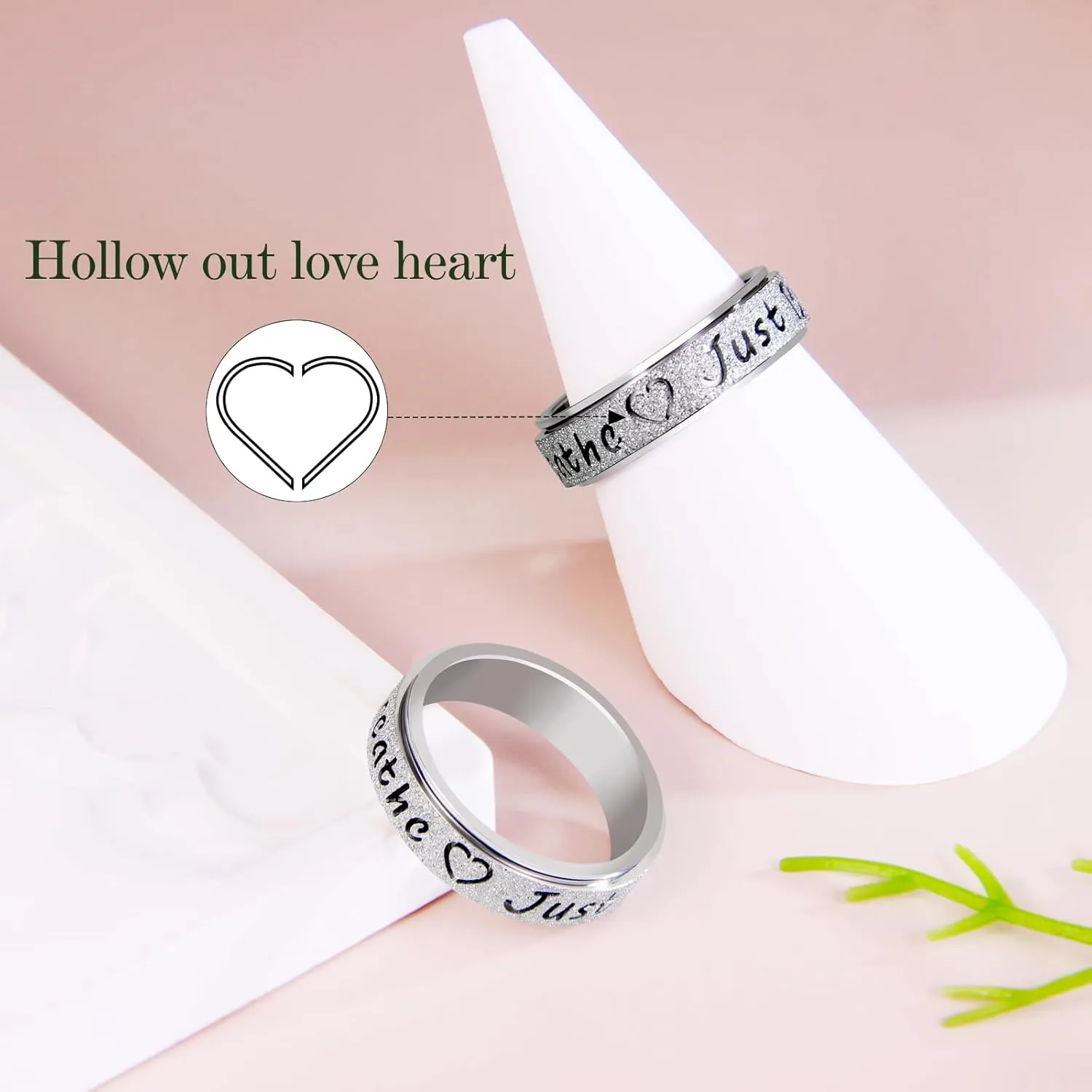 Fidget Spinner Ring for Women - Just Breathe Inspirational Hope Rings, Stainless Steel Anxiety Women's Ring for Stress Relief, Thumb Rotating Rings for Adults Jewelry Gift for Her
