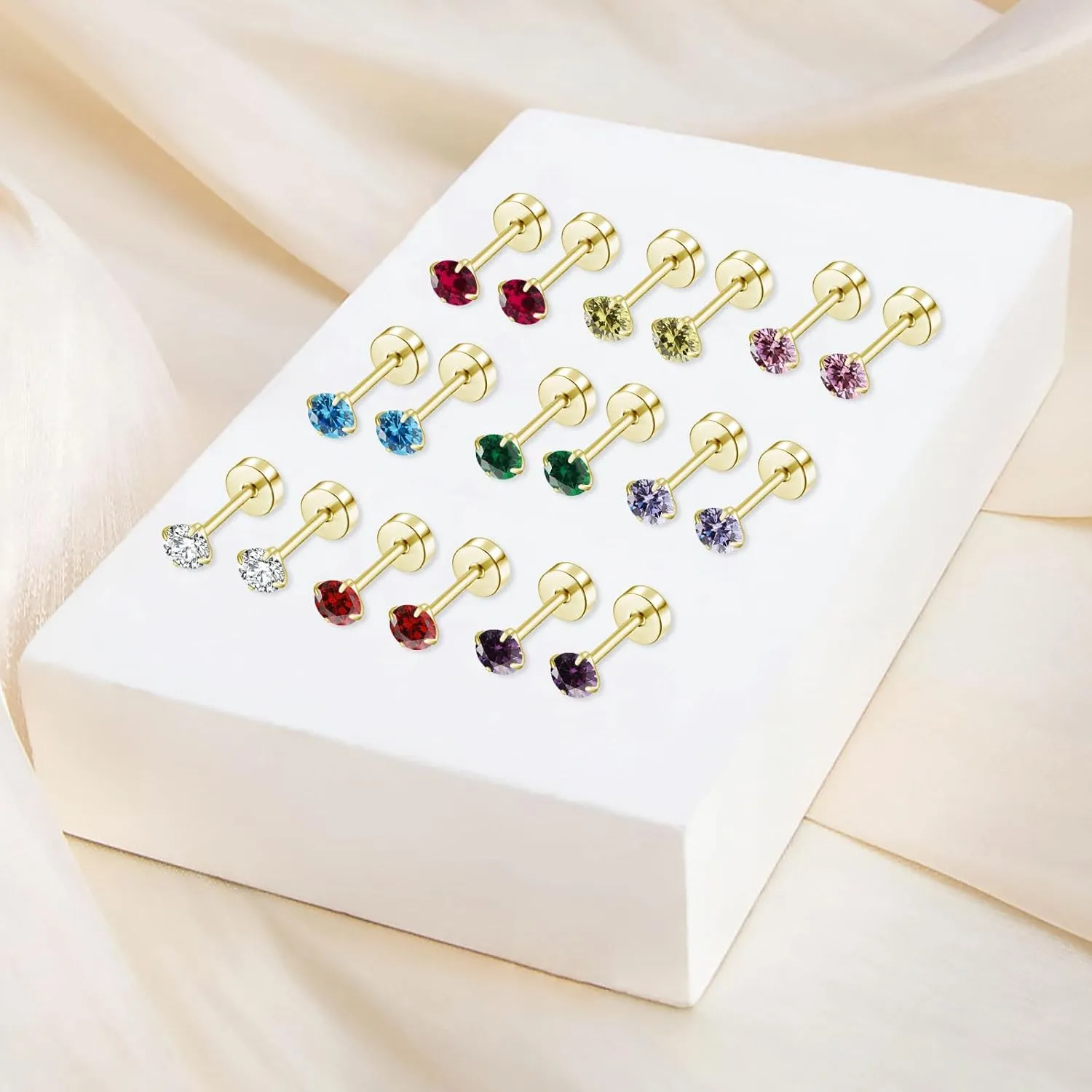 Flat Back Birthstone Stud Earrings for Women Girls, 3mm Tiny CZ Flat Back Stud Earrings, Screw Back Tiny Earrings Studs, Cartilage/Tragus/Second Hole Earrings (Gold, 7.July-Ruby)