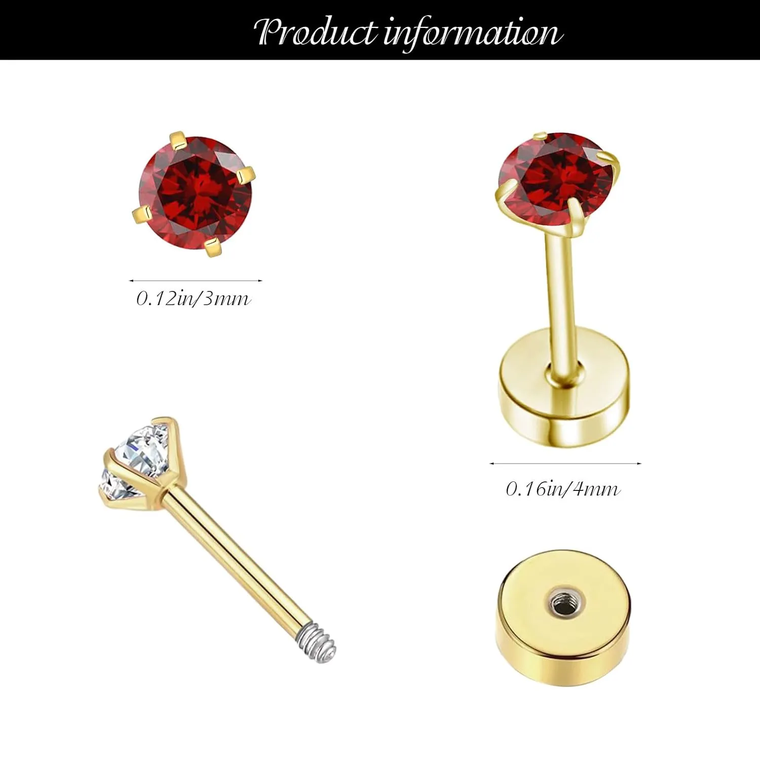Flat Back Birthstone Stud Earrings for Women Girls, 3mm Tiny CZ Flat Back Stud Earrings, Screw Back Tiny Earrings Studs, Cartilage/Tragus/Second Hole Earrings (Gold, 7.July-Ruby)