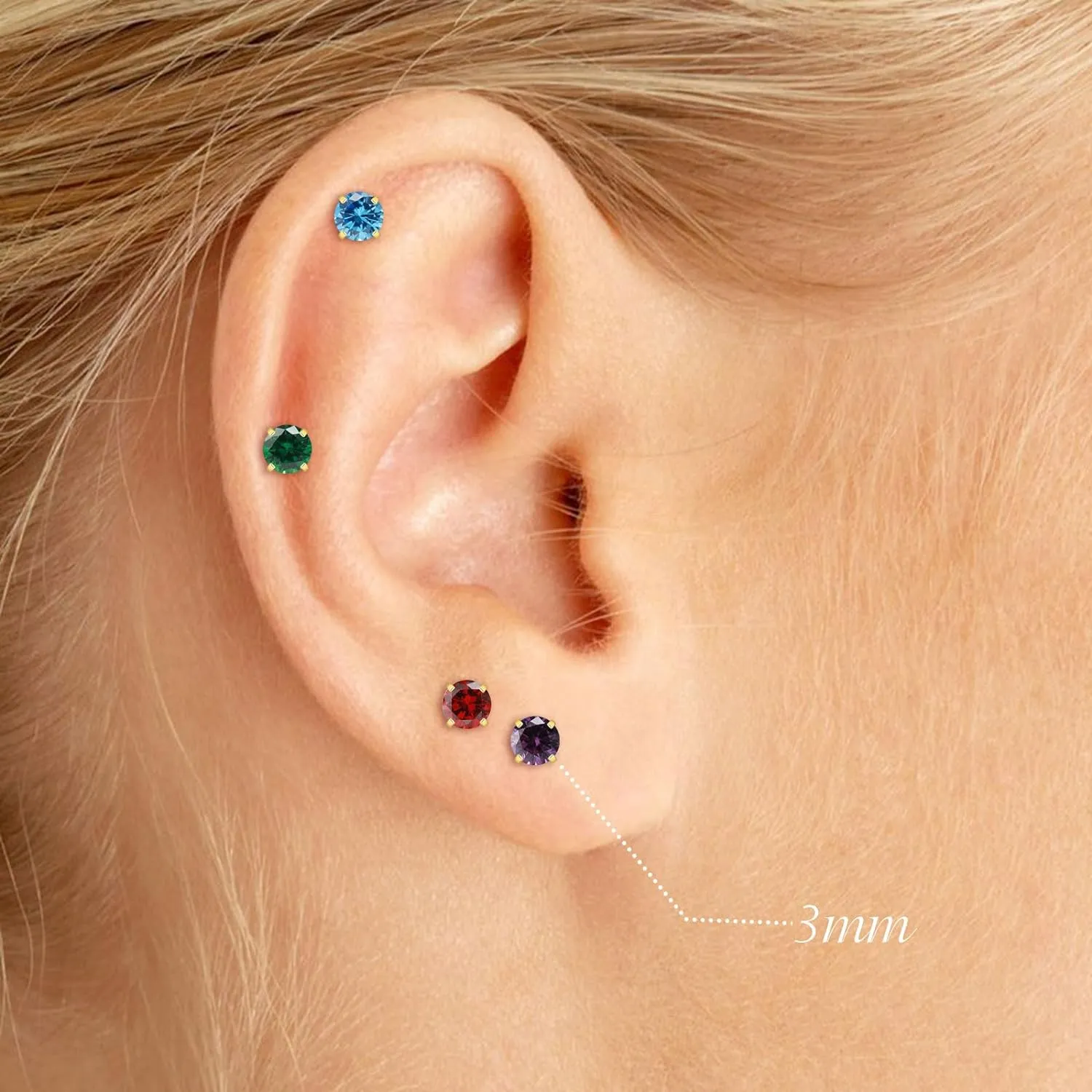 Flat Back Birthstone Stud Earrings for Women Girls, 3mm Tiny CZ Flat Back Stud Earrings, Screw Back Tiny Earrings Studs, Cartilage/Tragus/Second Hole Earrings (Gold, 7.July-Ruby)