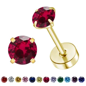 Flat Back Birthstone Stud Earrings for Women Girls, 3mm Tiny CZ Flat Back Stud Earrings, Screw Back Tiny Earrings Studs, Cartilage/Tragus/Second Hole Earrings (Gold, 7.July-Ruby)
