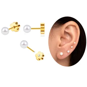 Flat Back Pearl Stud Earrings for Women Girls Stainless Steel Small Pearl Cartilage Earrings Hypoallergenic Pearl Screw Back Earrings for Sensitive Skin Helix Piercing Jewelry (5mm, Gold)