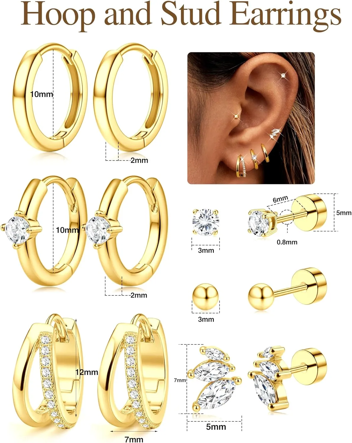 Florideco Small Gold Hoop Earrings 14K Gold Plated Hypoallergenic Flat Back Earrings Surgical Stainless Steel Cartilage Earring Sets for Multiple Piercing Trendy Earring Stacks Flatback Stud Earrings