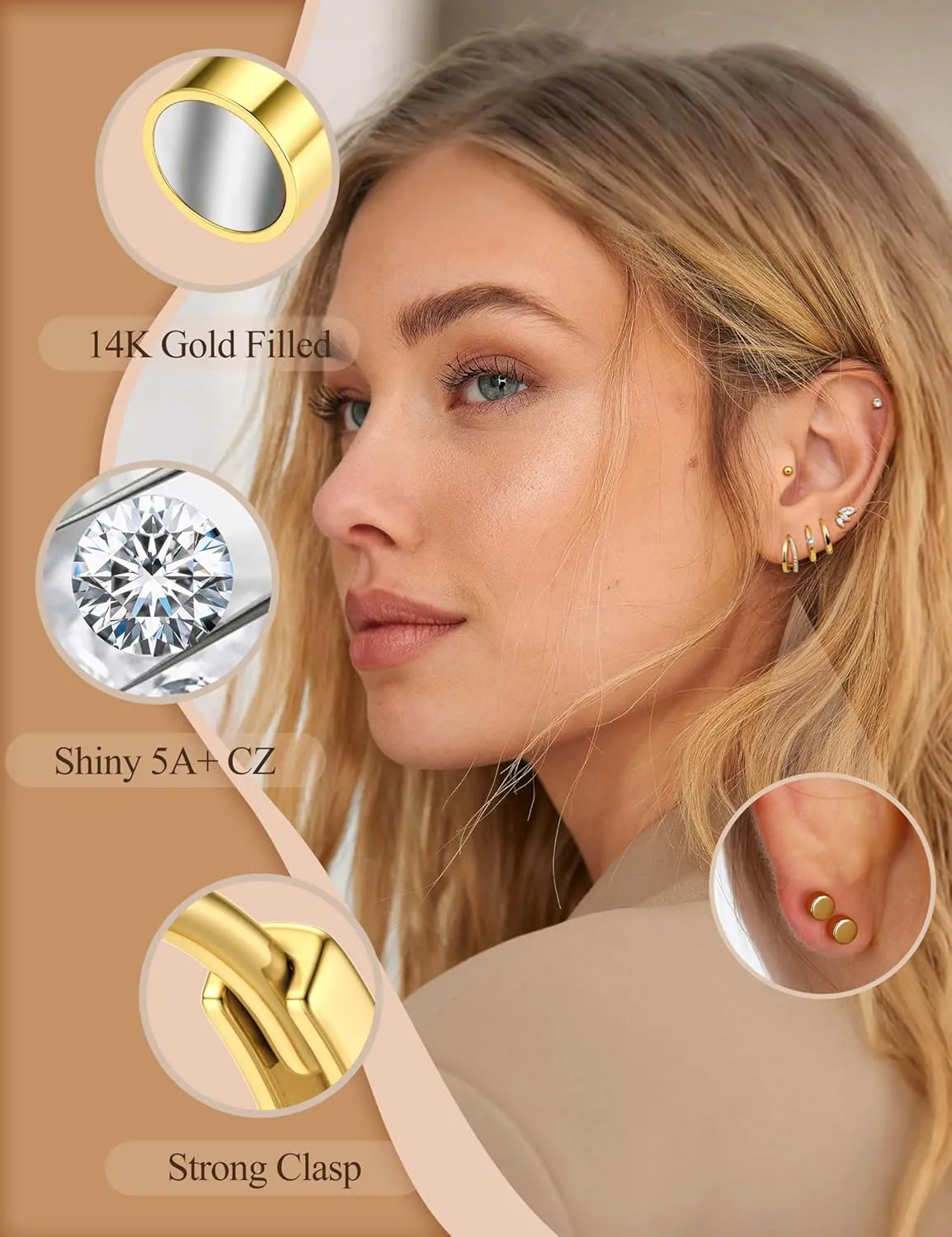 Florideco Small Gold Hoop Earrings 14K Gold Plated Hypoallergenic Flat Back Earrings Surgical Stainless Steel Cartilage Earring Sets for Multiple Piercing Trendy Earring Stacks Flatback Stud Earrings