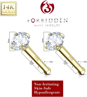 Forbidden Body Jewelry 14k Gold Nose Ring, 20g, Solid 6mm Stud, 2mm CZ Simulated Diamond, Non-Irritating Skin Safe Real Gold, Women and Men
