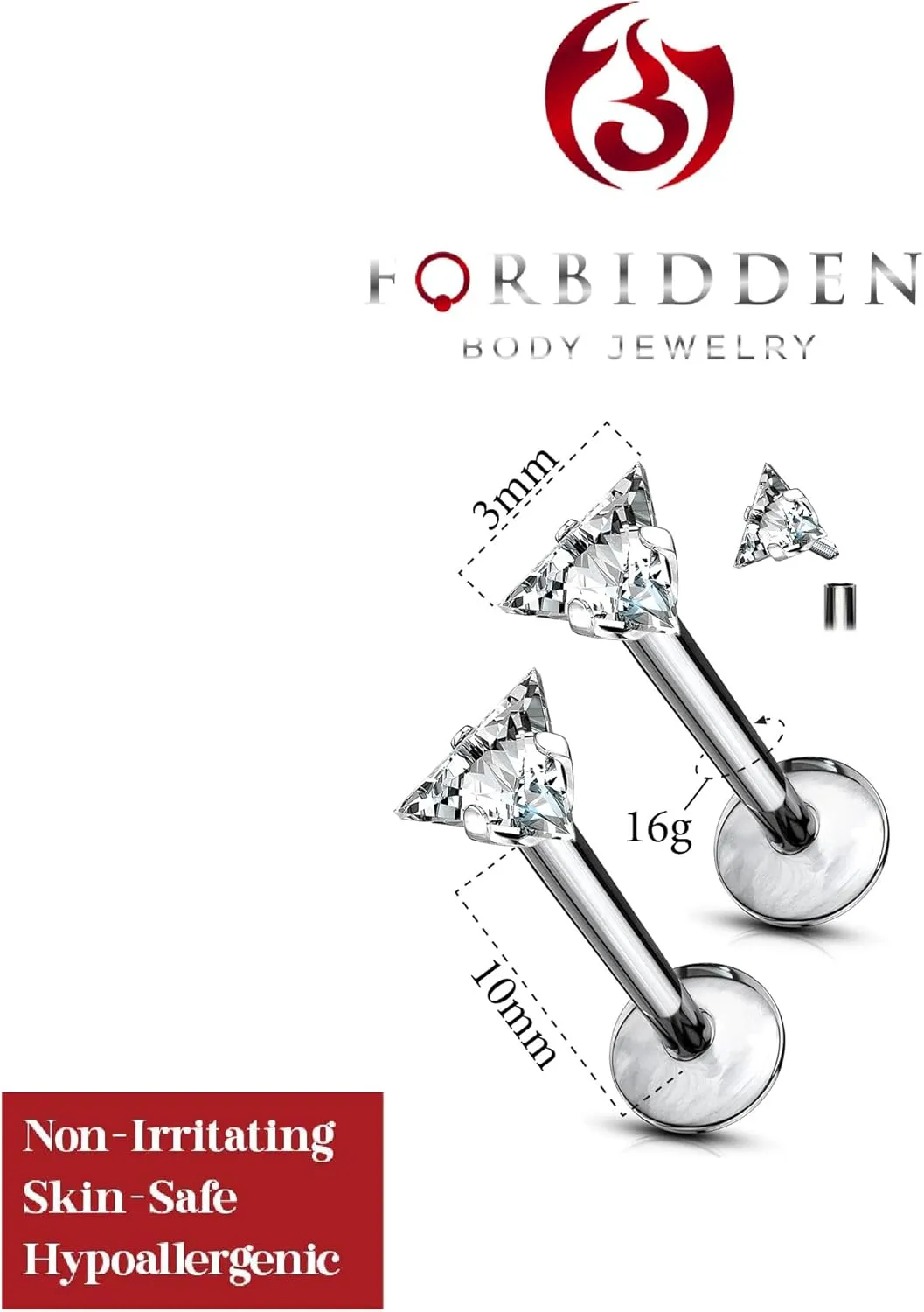 Forbidden Body Jewelry 16 g Titanium Internally Threaded CZ Triangle Flat Back Piercing Stud Earring, Helix, Cartilage, Labret, Monroe for Women or Men