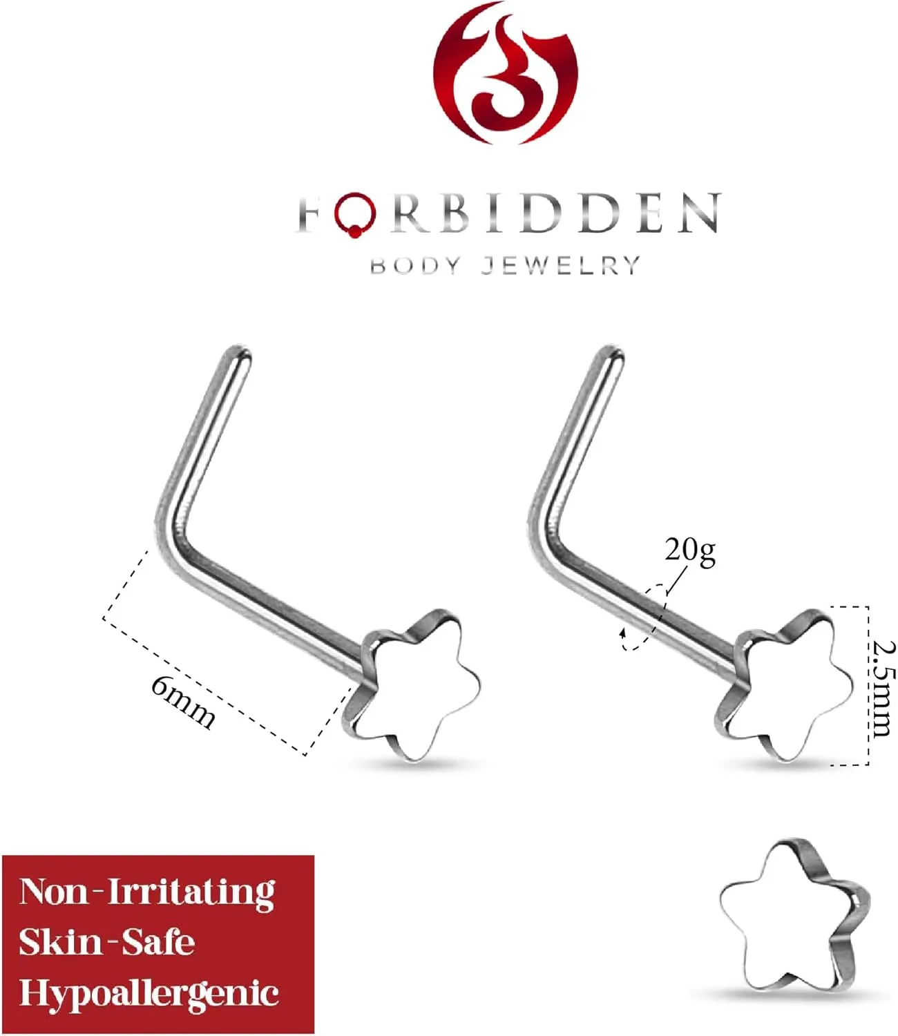 Forbidden Body Jewelry 20g Surgical Steel Star Top L-Shaped Nose Stud (Choose Quantity/Color)