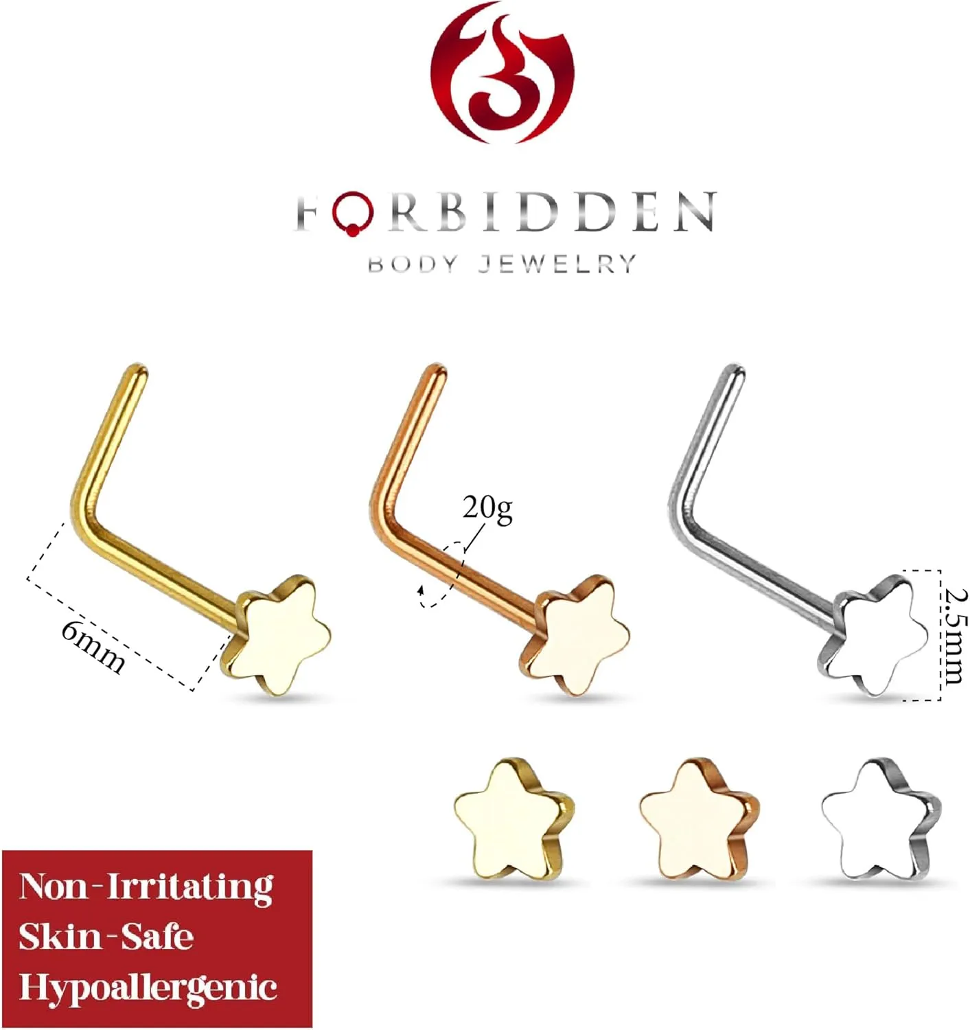 Forbidden Body Jewelry 20g Surgical Steel Star Top L-Shaped Nose Stud (Choose Quantity/Color)