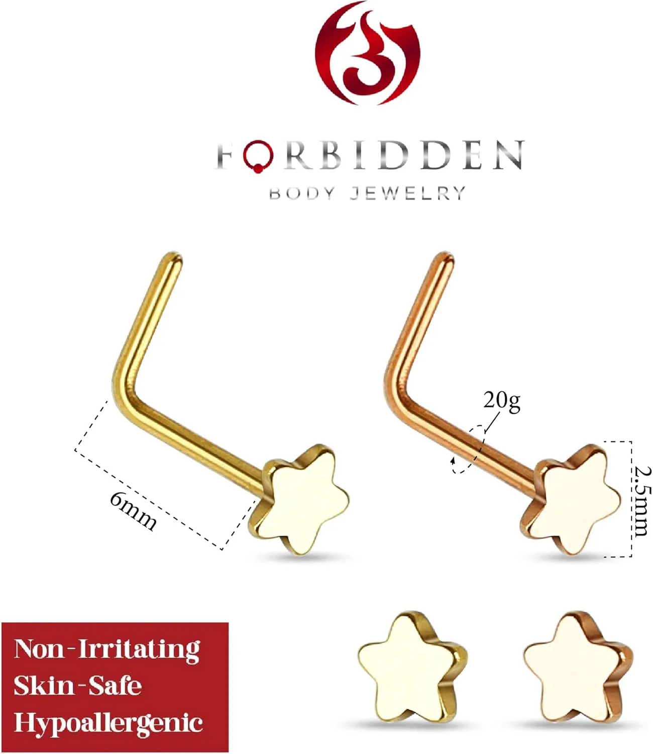 Forbidden Body Jewelry 20g Surgical Steel Star Top L-Shaped Nose Stud (Choose Quantity/Color)