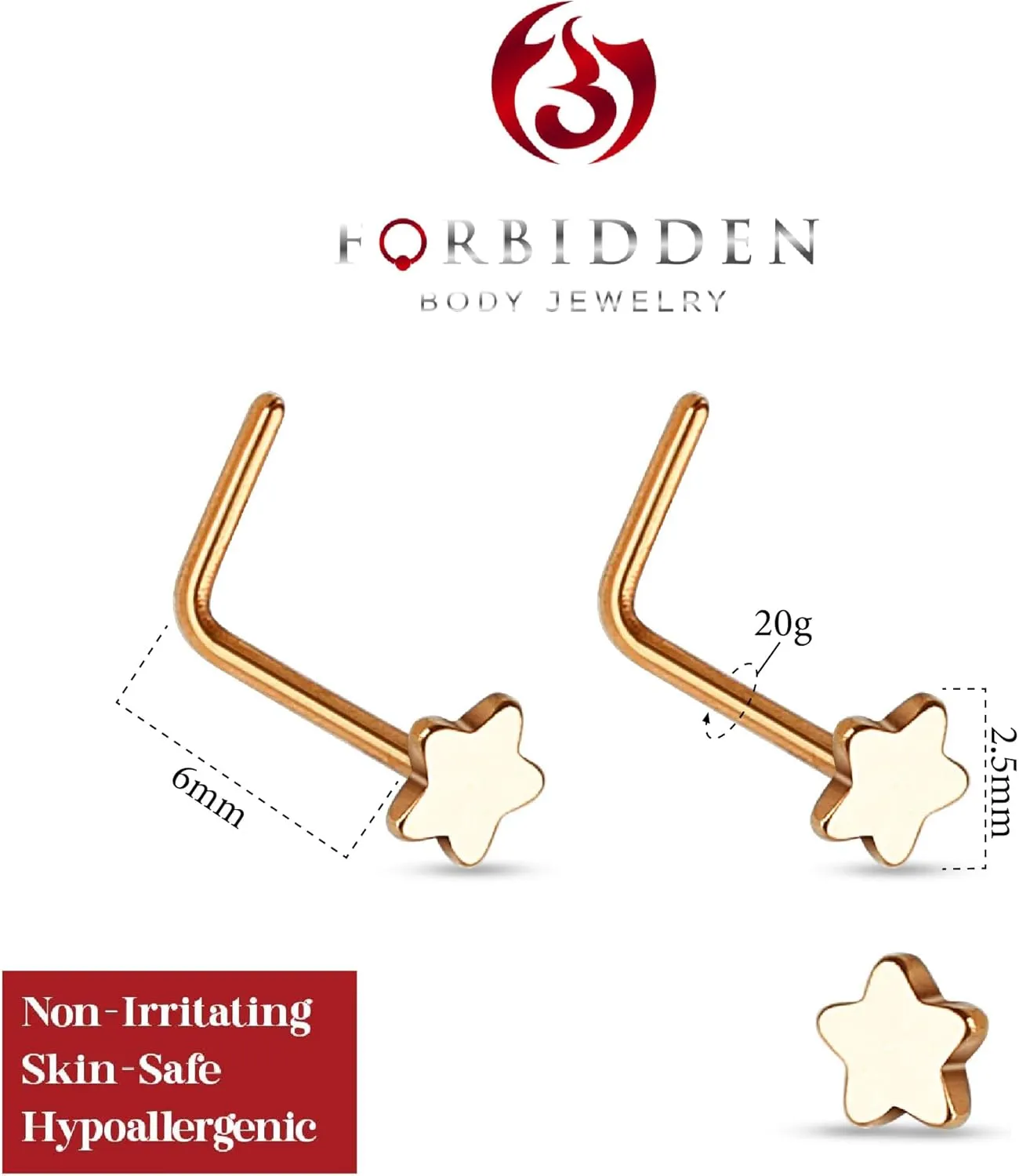 Forbidden Body Jewelry 20g Surgical Steel Star Top L-Shaped Nose Stud (Choose Quantity/Color)