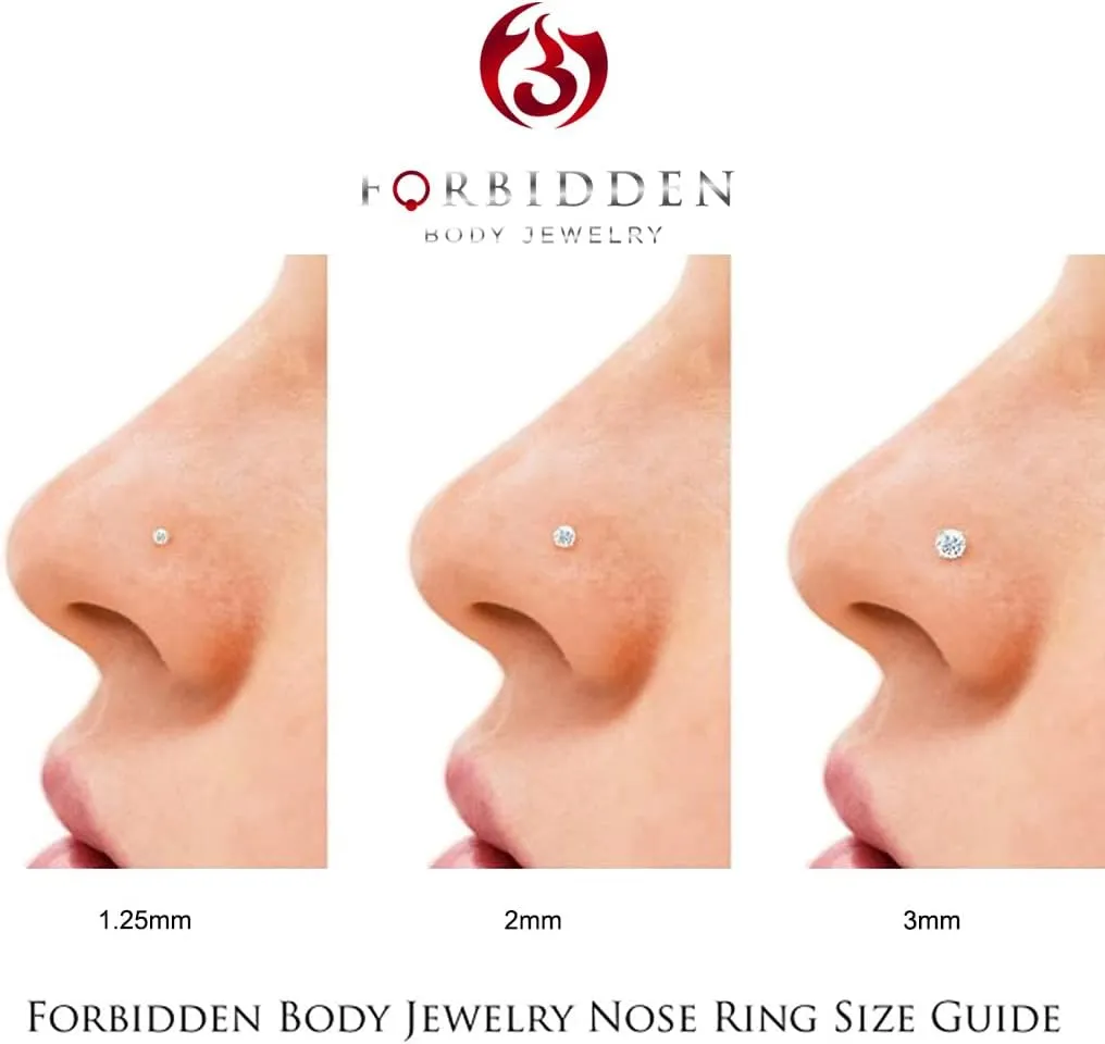 Forbidden Body Jewelry FBJ 14k Nose Ring, 22g, Solid 7mm Micro Stud, 2mm CZ Simulated Diamond, Non-Irritating Skin Safe Real Gold, Women/Men (Sold Individually)